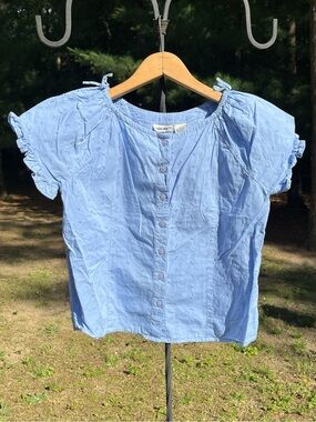 90s Cherokee Light Pastel Blue Eyelet Lace Cotton Button-Up Blouse Coquette